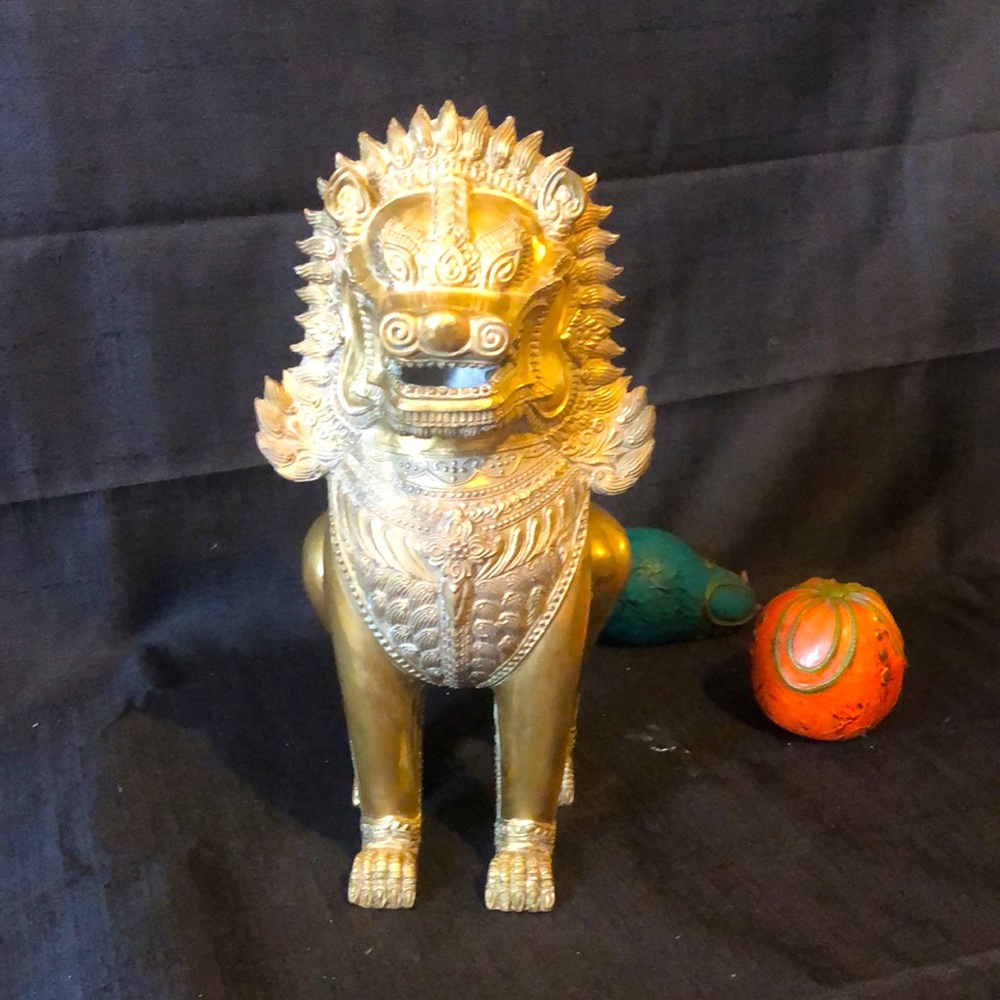 Khmer empire Foo dog, outstanding art work in solid brass circa 1950, 12”  high